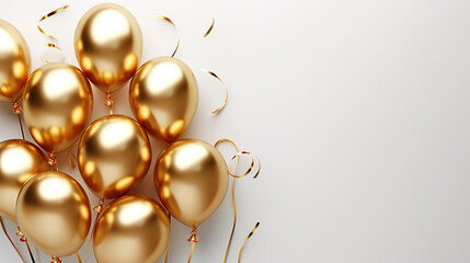 Golden balloons with ribbons on white background. 