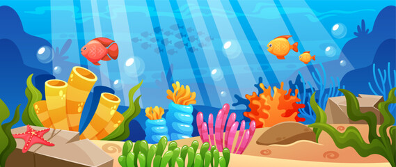 Vibrant Cartoon-style Underwater World Background Featuring Colorful Coral Reefs, Playful Marine Life, And Clear Water