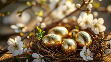 Golden Easter eggs in nest with blooming jasmine flowers on wooden background 
