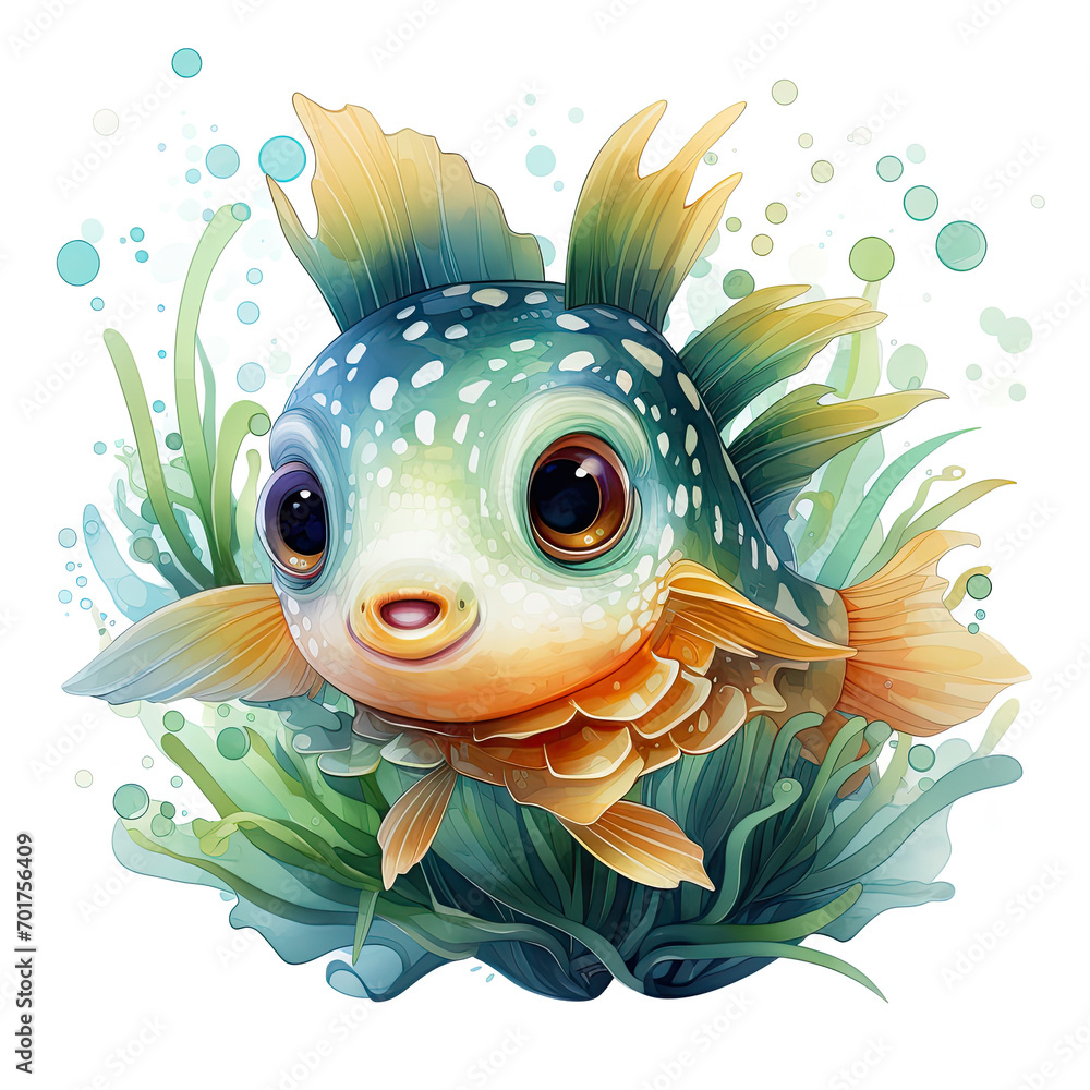 Wall mural Watercolor Colorful Pufferfish Illustration, Generative Ai