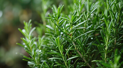Obraz premium Detail of fresh rosemary herb. Rosemary herb garden, macro view background.