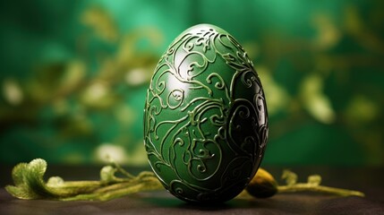 Obraz na płótnie Canvas a green decorated egg sitting on top of a table next to a leafy green wall with a green background.