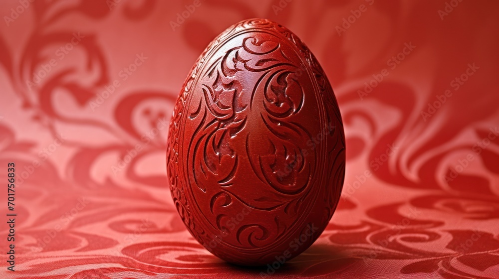 Poster a close up of a red egg on a red table cloth with a floral pattern on the back of it.