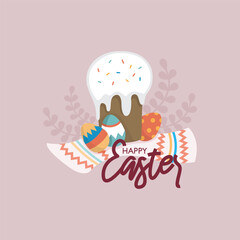Easter composition with a traditional Easter cake, painted eggs, and the inscription "Happy Easter". Ukrainian traditions of Easter celebration. Greeting card design