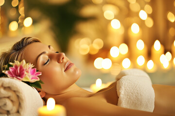 Obraz na płótnie Canvas woman with flower in hair relaxing in spa while getting a treatment. beauty and spa ads marketing image for websites, flyer and posts.