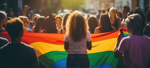 Pride parade participants holding rainbow flag. LGBTQ community solidarity. Banner.