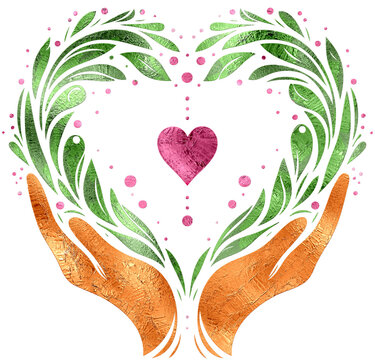 Metallic color of hand hold green leaf in heart shape with pink heart inside.