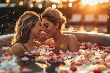 girl couple has fun at whirpool, full of flower petals. - obrazy, fototapety, plakaty