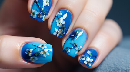blue nails with blue flowers