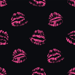 Pink female lips imprint kiss. Seamless pattern. Glamour background. Vector illustration on black