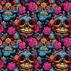 seamless texture pattern with dead skulls in bright multicolored colors on acid background