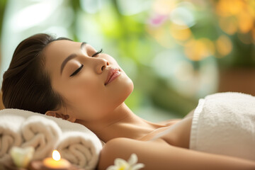 close up portrait of an asian woman relaxing in salon while getting a treatment. beauty and spa ads marketing image for websites, flyer and posts. - obrazy, fototapety, plakaty