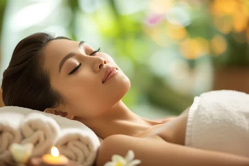 Poster close up portrait of an asian woman relaxing in salon while getting a treatment. beauty and spa ads marketing image for websites, flyer and posts. © Zenturio Designs