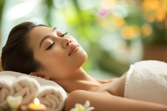 close up portrait of an asian woman relaxing in salon while getting a treatment. beauty and spa ads marketing image for websites, flyer and posts.