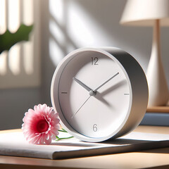 A photo of a stylish white clock placed on a table, with a single pink flower delicately positioned next to it. The clock has a simple, elegant design