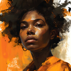Illustration of a Black woman with golden brown hair and orange makeup in Caravaggio style, showcasing strength and beauty, with tools and technology,