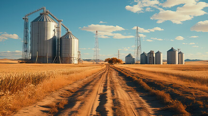 Fototapeta na wymiar Silos in a Wheat Field Stand Tall, Serving as Storage for Abundant Agricultural Production, Symbolizing the Bounty and Efficiency of Harvest.