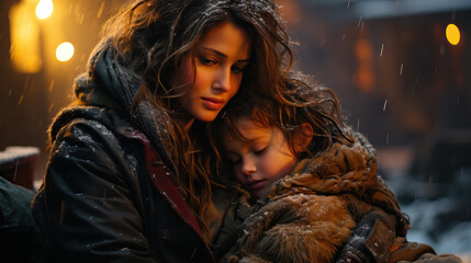 Poor Family, a Mother Hugs Her Child, Offering Comfort and Warmth Amidst a Sad and Cold Christmas