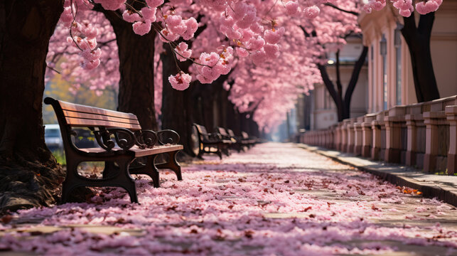A Sakura Cherry Blossoming Alley Creates a Wonderful Scenic Park with Rows of Blooming Cherry Sakura Trees in Spring. The Air is Filled with the Delicate Pink Flowers of the Cherry Trees