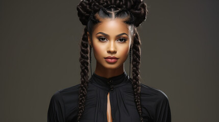 Portrait of a Beautiful Black African American Woman with Long, Curly Braids and a Bun, Boasting a Perfect Face Structure and a Confident Gaze, Isolated on a Black Background
