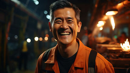 Fototapeta premium Professional Dedication: Portrait of an Asian Male Engineer or Industrial Maintenance Worker Enjoying His Work in a Factory Setting