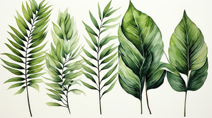 Tropical palm leaves set on white background. Watercolor hand-painted, summer clipart - obrazy, fototapety, plakaty