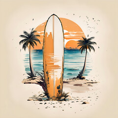 a minimalist design of a surfboard on the beach A beautiful surfoard on the island with palm trees in the sunset. - obrazy, fototapety, plakaty