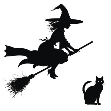 Artistic Illustration of Witch Flying on Broom with Cat On transparent background PNG file
