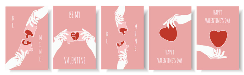 Set Valentines Day postcard design in trendy Groovy retro style. Valentine card template with puzzle in hand. Vector illustration can used web and social banner, poster and print