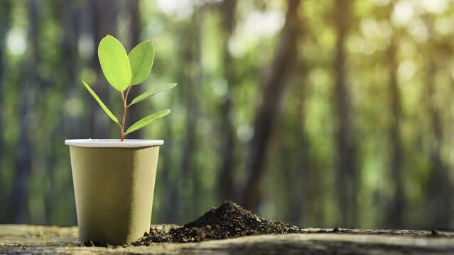 Eucalyptus tree seedling in a paper cup moving background with lens flare effect