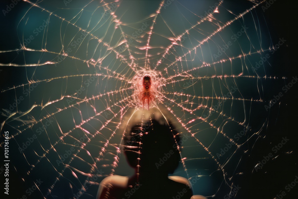 Poster A scene showing a spider weaving a web around neural pathways, illustrating the connection of thoughts.