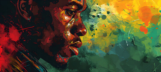 Celebrate black history month with a colorful background featuring a portrait of a man, in red, yellow, and green,