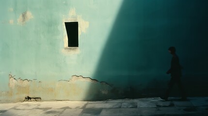 An image of a figure calmly walking through a wall, leaving ripples on the wall's surface.