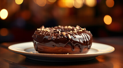 closeup of delicious chocolate donut on plate
