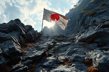 The picture of japanese flag with red sun on white background