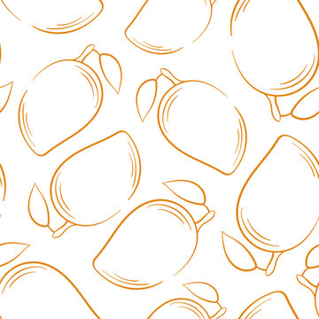 Mango seamless pattern in line art style. Hand drawn mango background. Vector illustration on a white background.