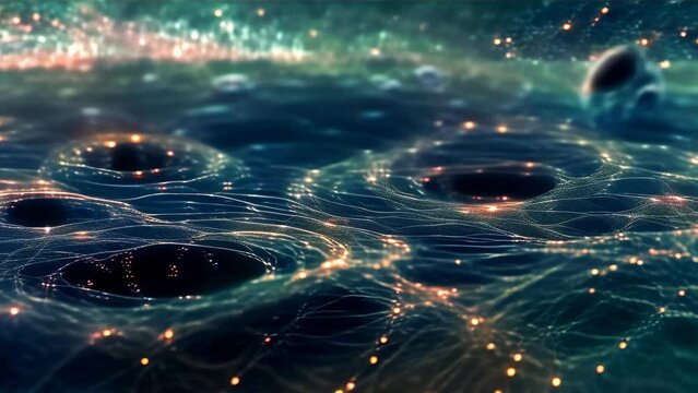 A complex dance of black holes warping the fabric of space and the swirling gravitational waves around them.
