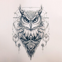 Owl Head Sketch Illustration. Generative AI. Artificial Intelligence Art.  