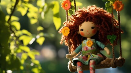  a doll is sitting on a swing with flowers in her hair and a flowery dress on top of her head.