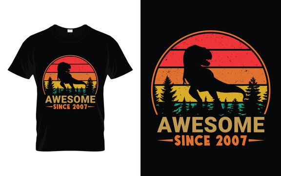 Awesome Since 2007 Birthday Boys Girls Dinosaur T Rex Retro Vintage Happy Birthday T-Shirt