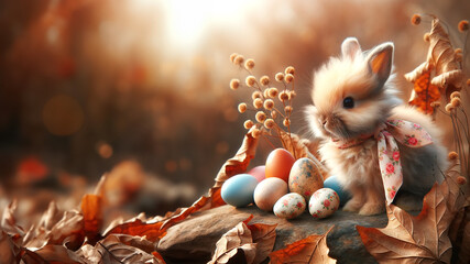 A rabbit stands on a rock among Easter eggs, easter day
