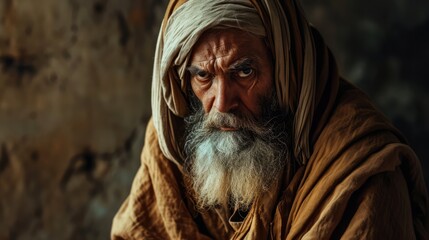 Portrait of an old patriarch with a long white beard and mustache in a brown turban. Biblical character.