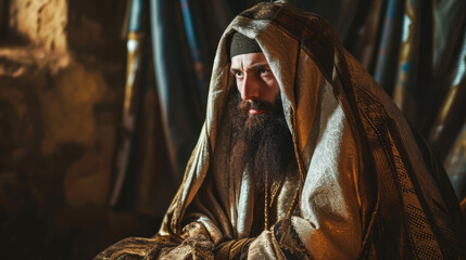 Portrait of a Patriarch in shawl sitting in the temple. Biblical character. - obrazy, fototapety, plakaty
