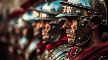 Foto op Aluminium Photorealistic portrait of roman soldiers in armor. Biblical character. Historical character. © Faith Stock