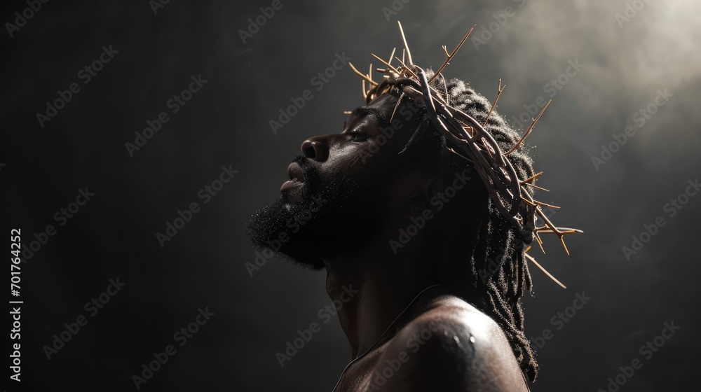 Poster portrait of black jesus christ with crown of thorns on his head. photorealistic portrait. close-up.