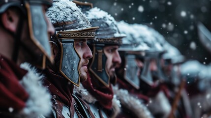 Photorealistic portrait of roman soldiers in armor under the snow. Biblical character. Historical character. - obrazy, fototapety, plakaty