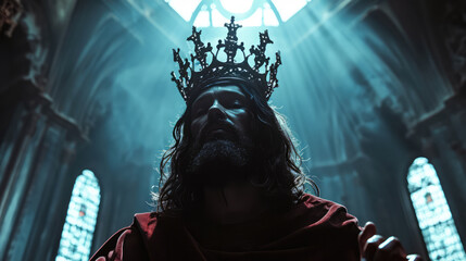 Close-up portrait of man in a crown on a dark background. Biblical king. - obrazy, fototapety, plakaty