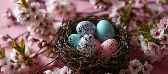 Obraz premium A nest cradling Easter eggs on a pink canvas, adorned by an abundance of blossoming spring flowers, creating a lively and festive atmosphere