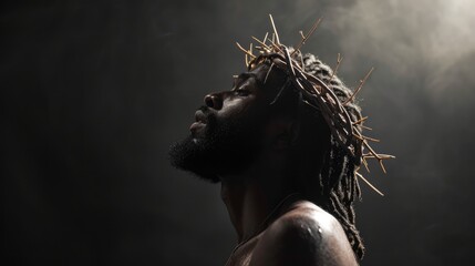 Portrait of black Jesus Christ with crown of thorns on his head. Photorealistic portrait. Close-up. - obrazy, fototapety, plakaty