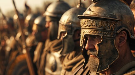 Photorealistic portrait of roman soldiers in armor. Biblical character. Historical character. - obrazy, fototapety, plakaty